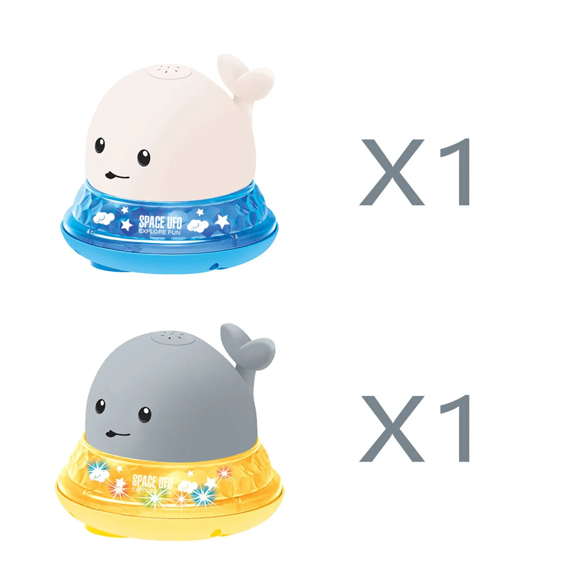 Whale-shaped electric bath toy spraying water with coloured LED lights, shown with base unit on blue background