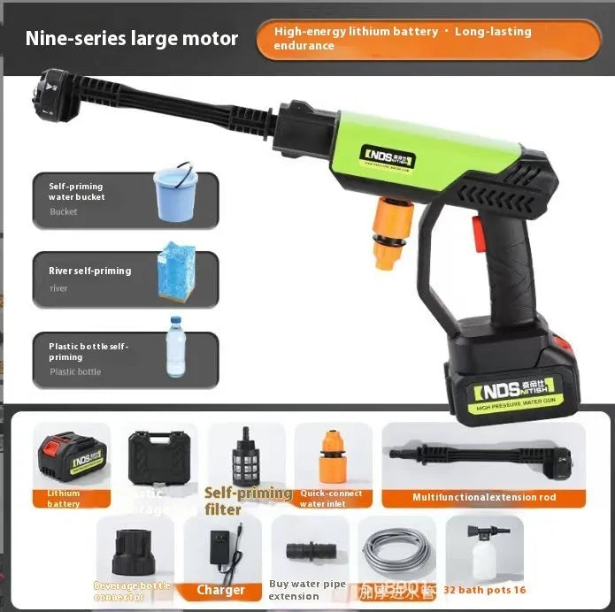 Green wireless high-pressure water gun with metal head and six-in-one nozzle, shown with extension rod and foam pot accessories.