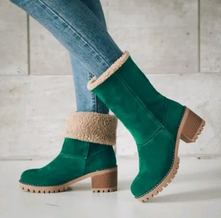 Women's suede mid-tube snow boots in black with a low heel and round toe