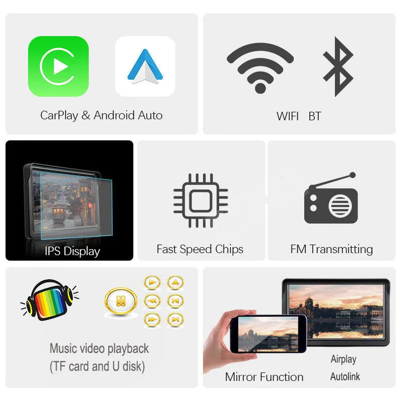 7 inch portable car smart screen with wireless Carplay on windshield mount