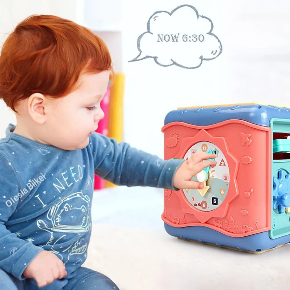 Colourful baby educational hexahedron cube with bead maze, gears, and clock for toddler learning