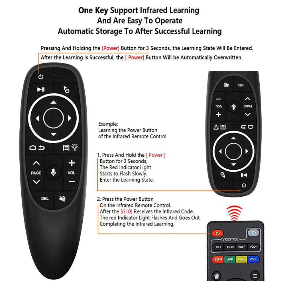 G10S intelligent wireless remote control with silicone buttons and plastic shell, shown next to its packaging.