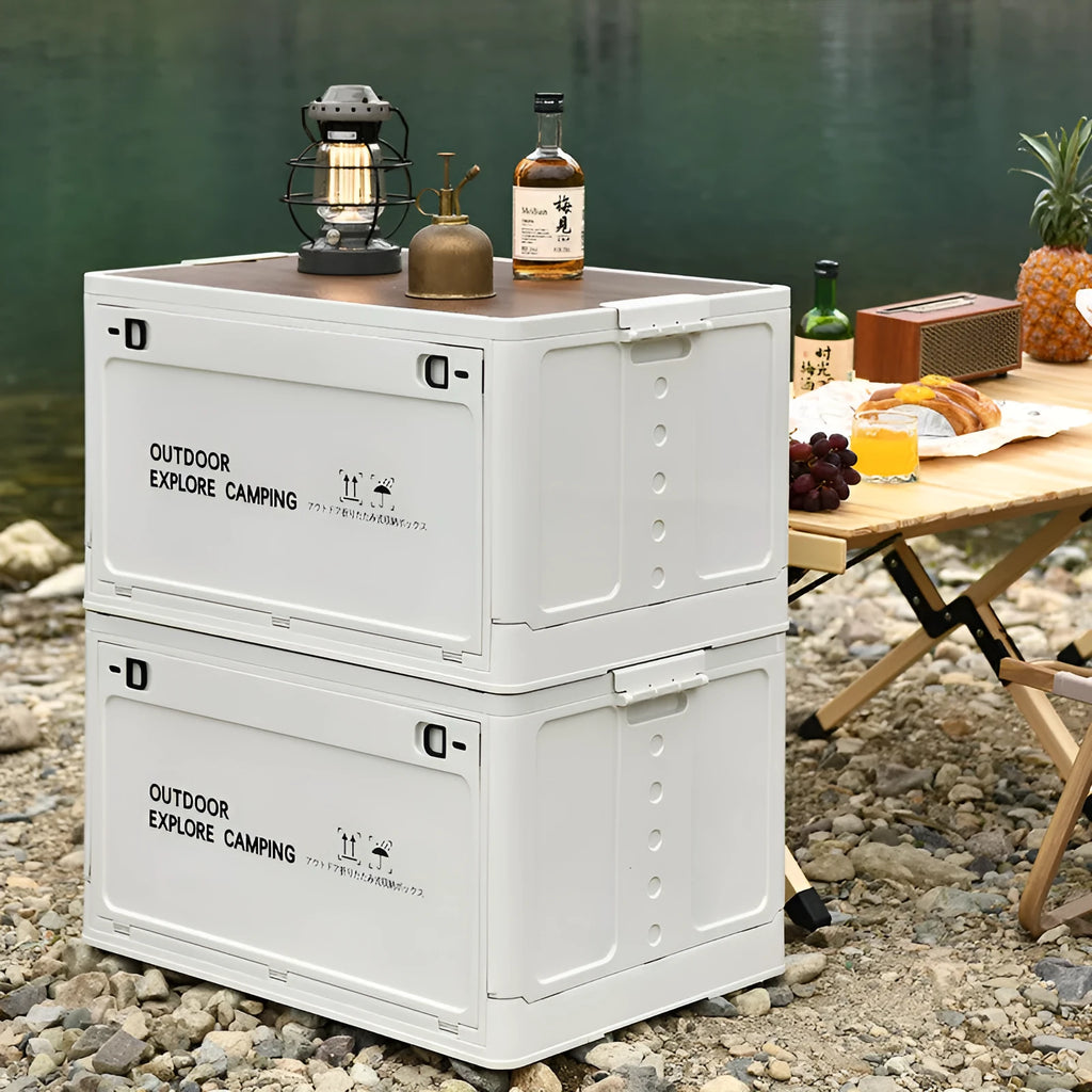 Large white foldable plastic storage box with wooden lid for household organisation