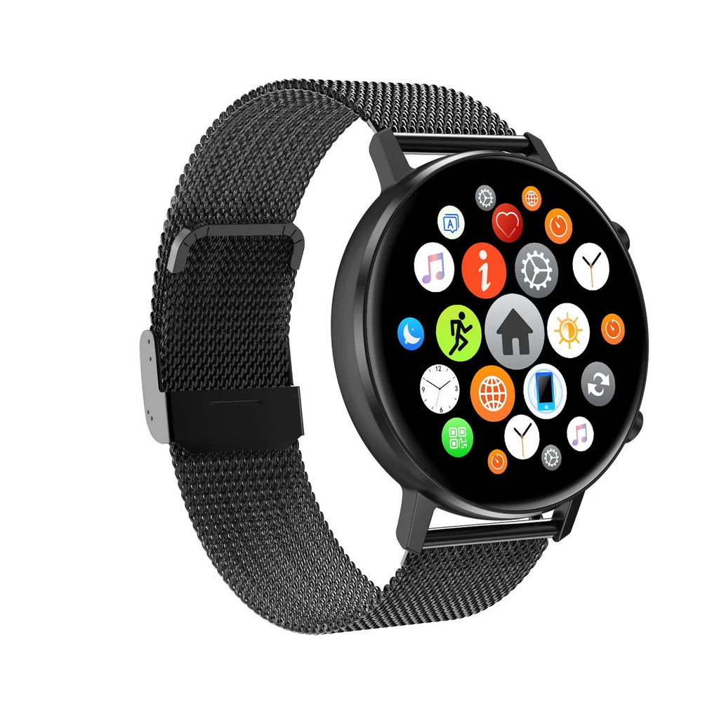 DT96 smart bracelet with steel strap and colour touch screen in black, rose gold, and silver
