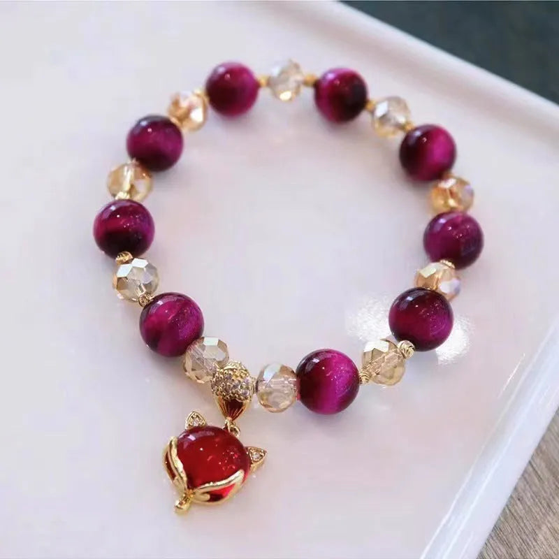 Handmade Tigereye stone bracelet showing single and double chain options in green and rose red styles.