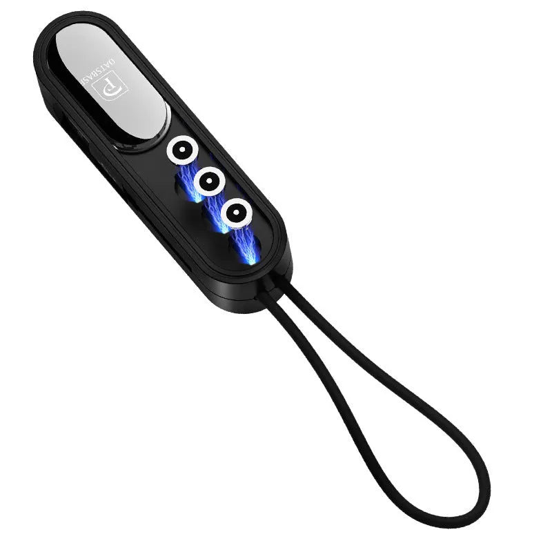 Black magnetic three-in-one charging cable with three connectors extending from single USB end