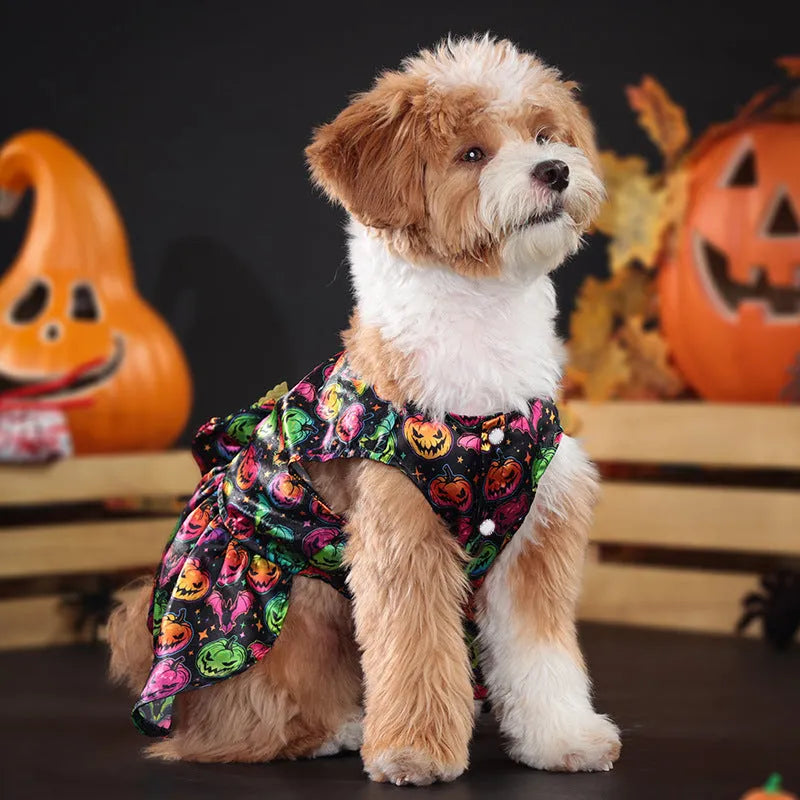 Angel wings Halloween dog costume in bright pumpkin orange and bat print polyester fabric