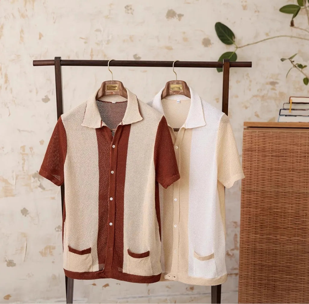 Beige short-sleeved lapel cardigan made from a thin linen and cotton knitted fabric.
