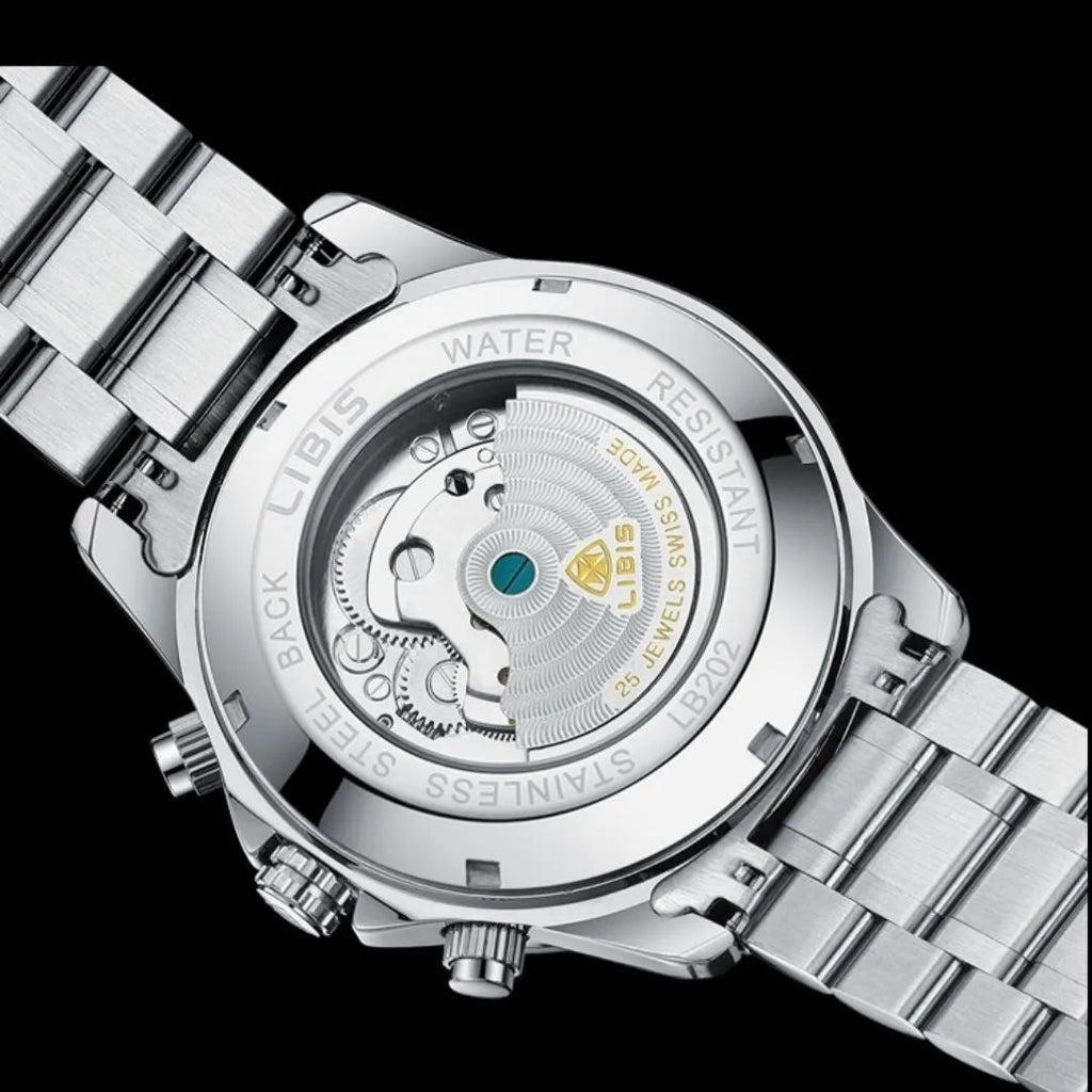 Men's silver automatic perpetual calendar mechanical watch with stainless steel strap