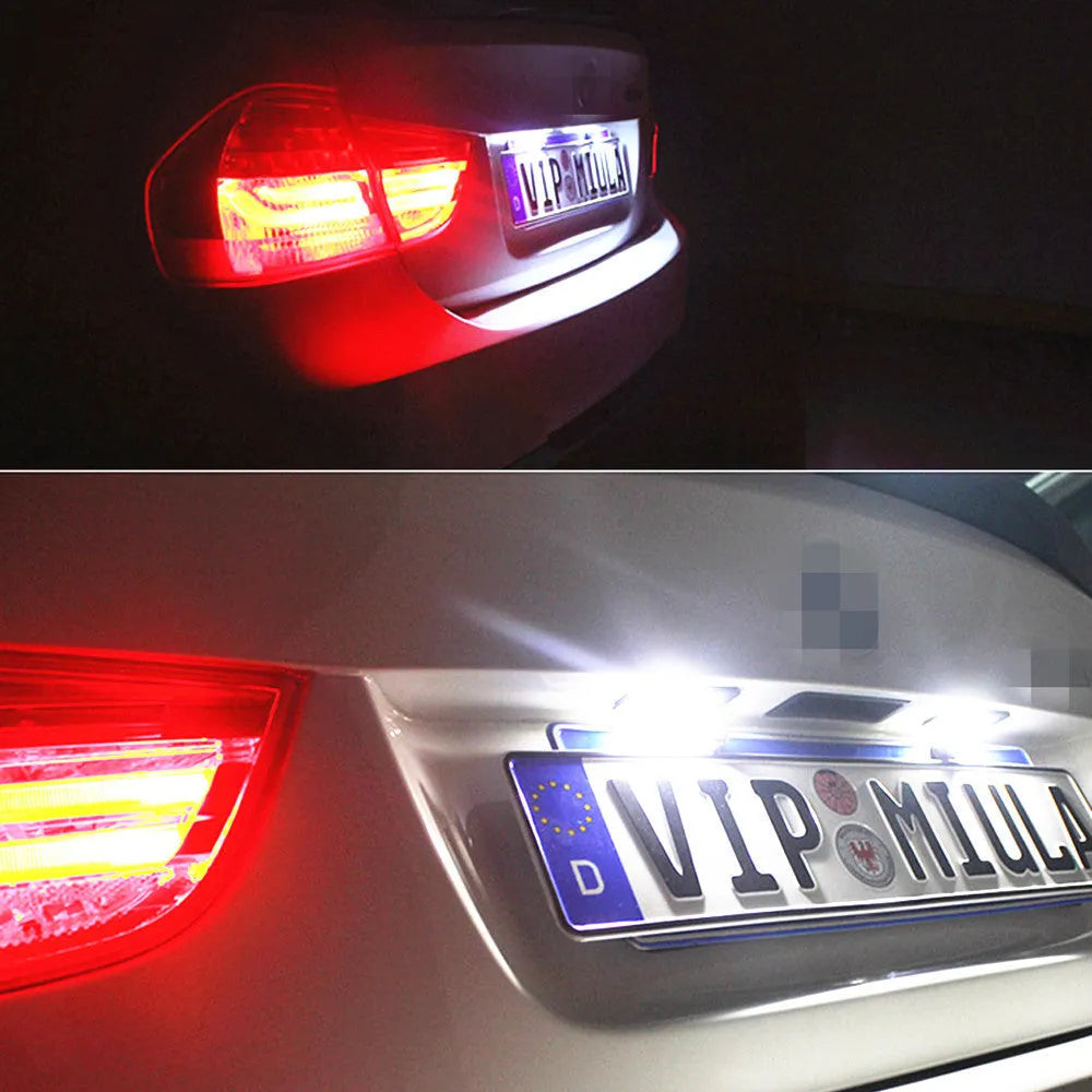 Volkswagen LED licence plate light unit showing SMD LEDs, compatible with Golf, Polo, and Phaeton models.