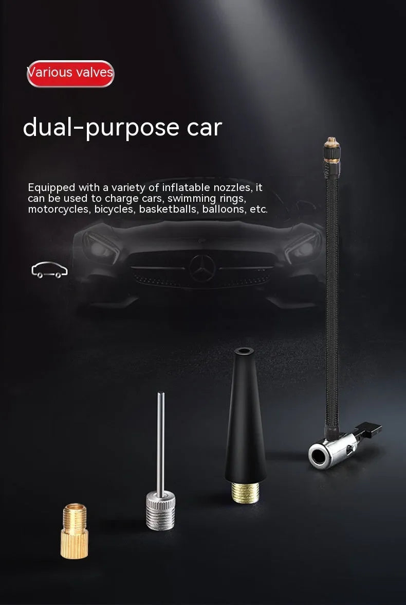 Red and black portable car air pump with digital display, power cable, and multiple nozzle attachments