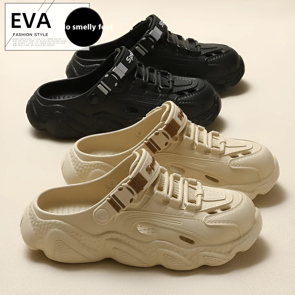 Men's khaki outdoor summer slippers with hollow-out design on an EVA sole.