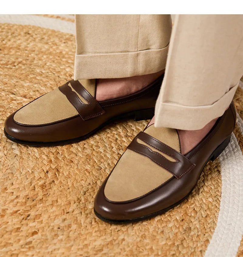 Men's coffee grey suede Belgian loafers with a slip-on design and rubber sole