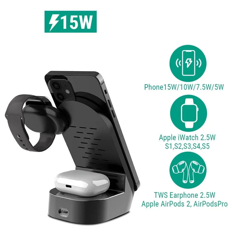 Black-grey foldable 3-in-1 wireless charging vertical stand for phones, watches and headphones