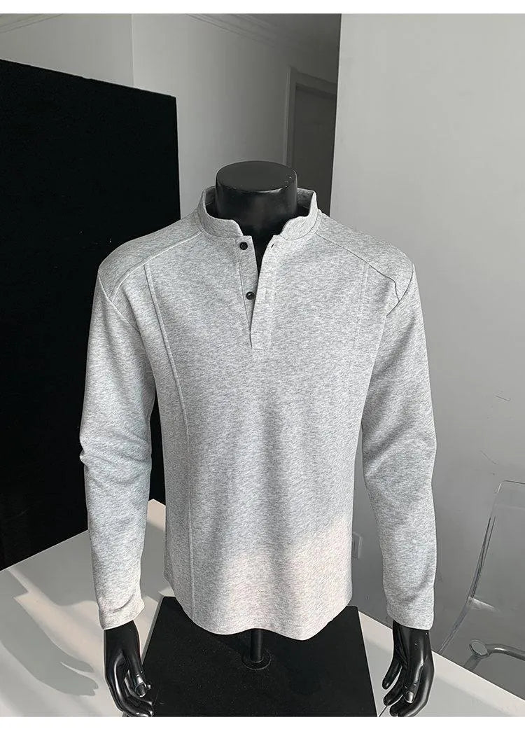 Men's cotton patchwork polo shirt with stand-up collar and asymmetric design in three colour options