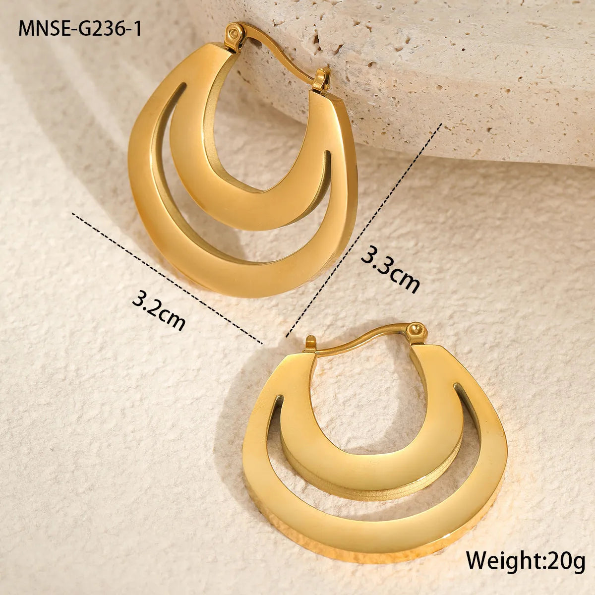 Geometric gold-plated French earrings with stainless steel construction and round ring design elements