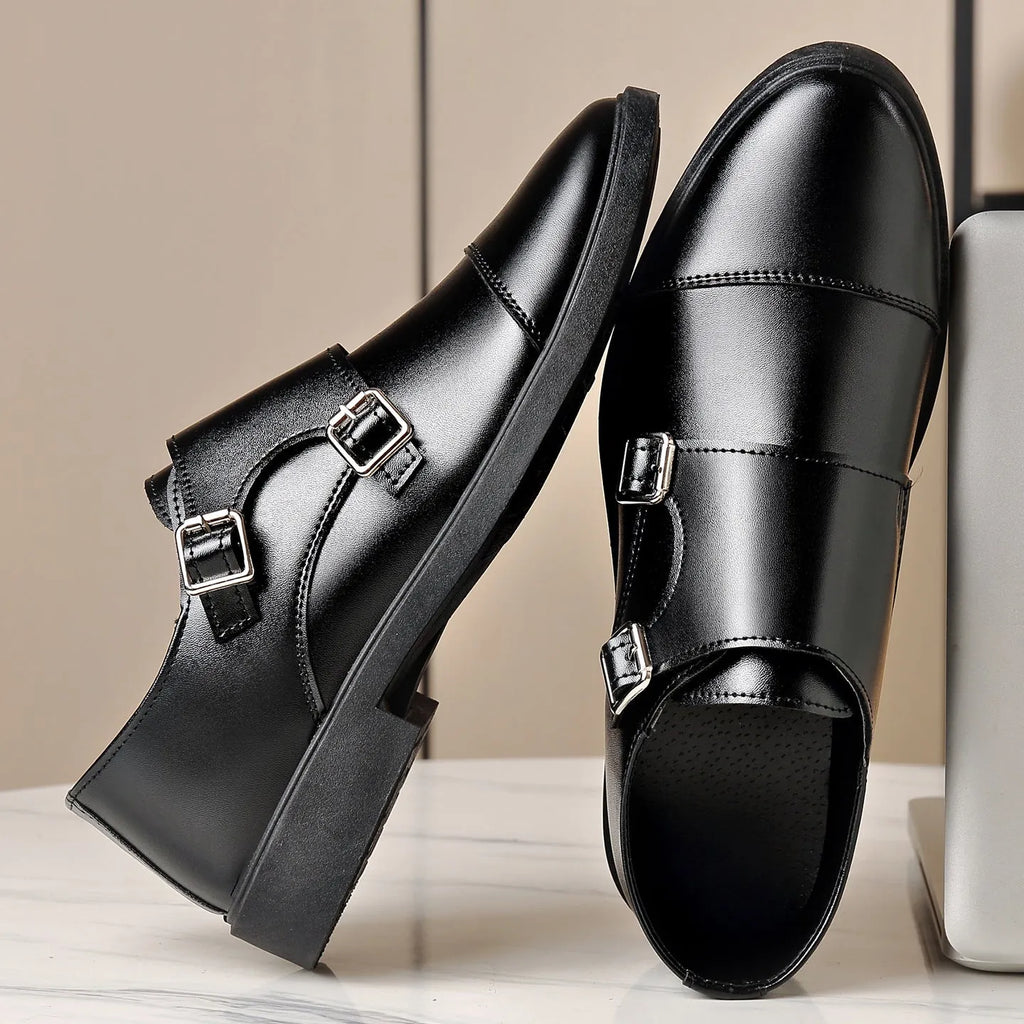 Black PU slip-on men's casual shoes with metal detail, flat square heel, low top, sizes 39-47