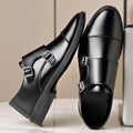 Black PU slip-on men's casual shoes with metal detail, flat square heel, low top, sizes 39-47