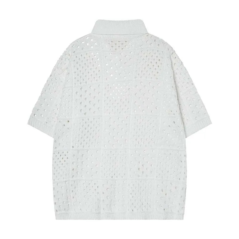 Black and white short-sleeved polo shirt with a hollow knit and loose cardigan style for teenagers.