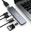 USB-C to SD card reader adapter with six ports including HDMI and USB 3.0
