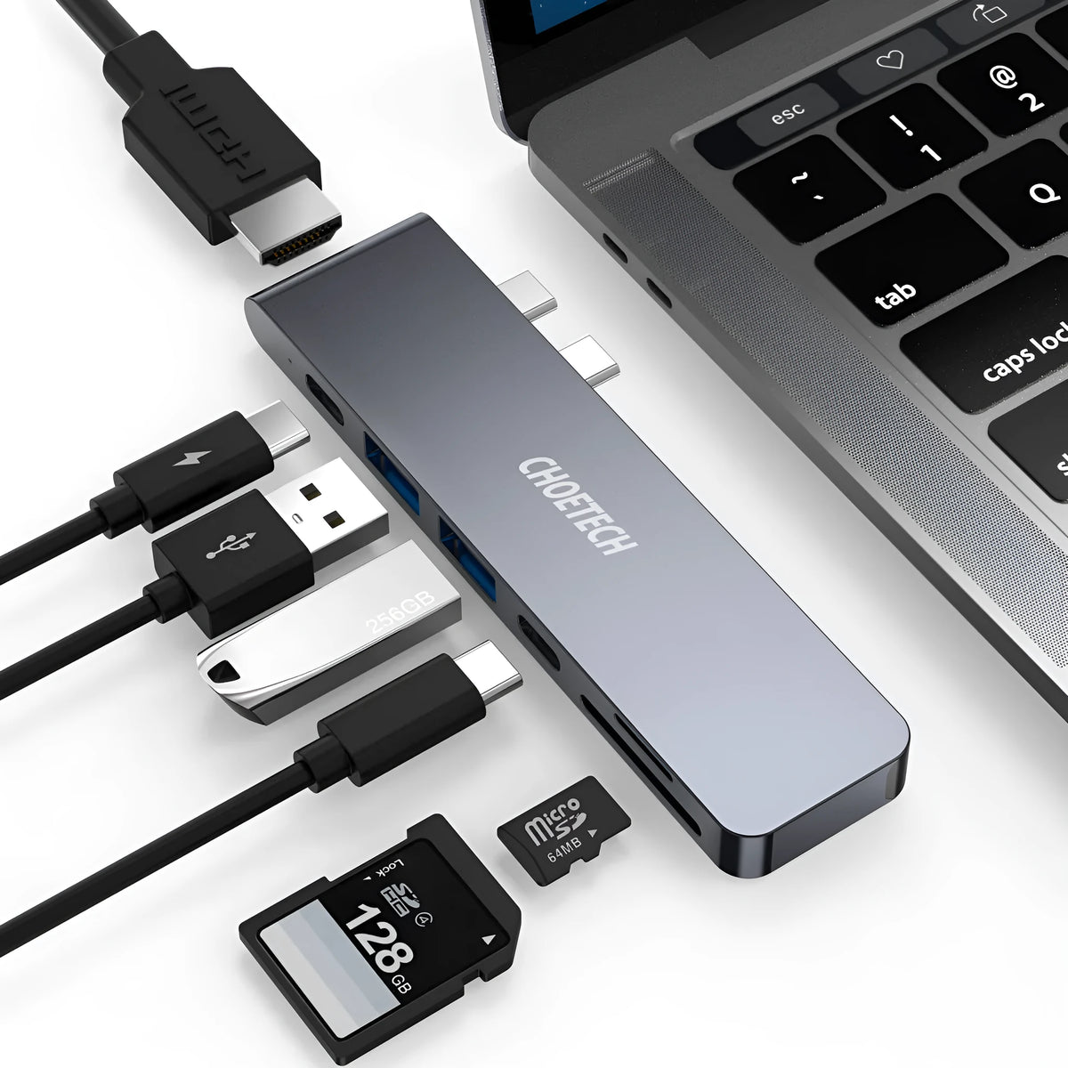 USB-C to SD card reader adapter with six ports including HDMI and USB 3.0