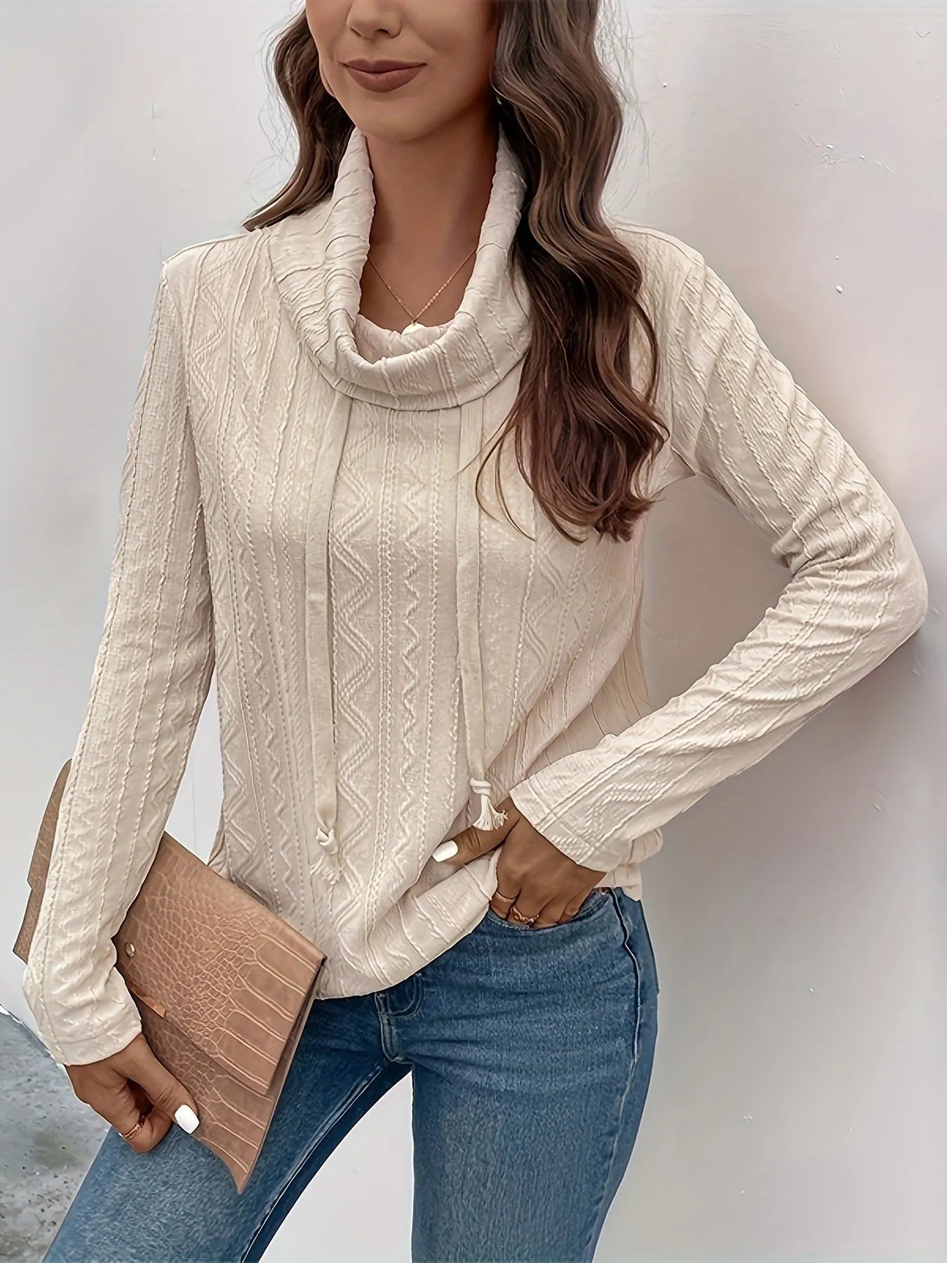 Apricot coloured long sleeve hooded pullover sweater with drawstring
