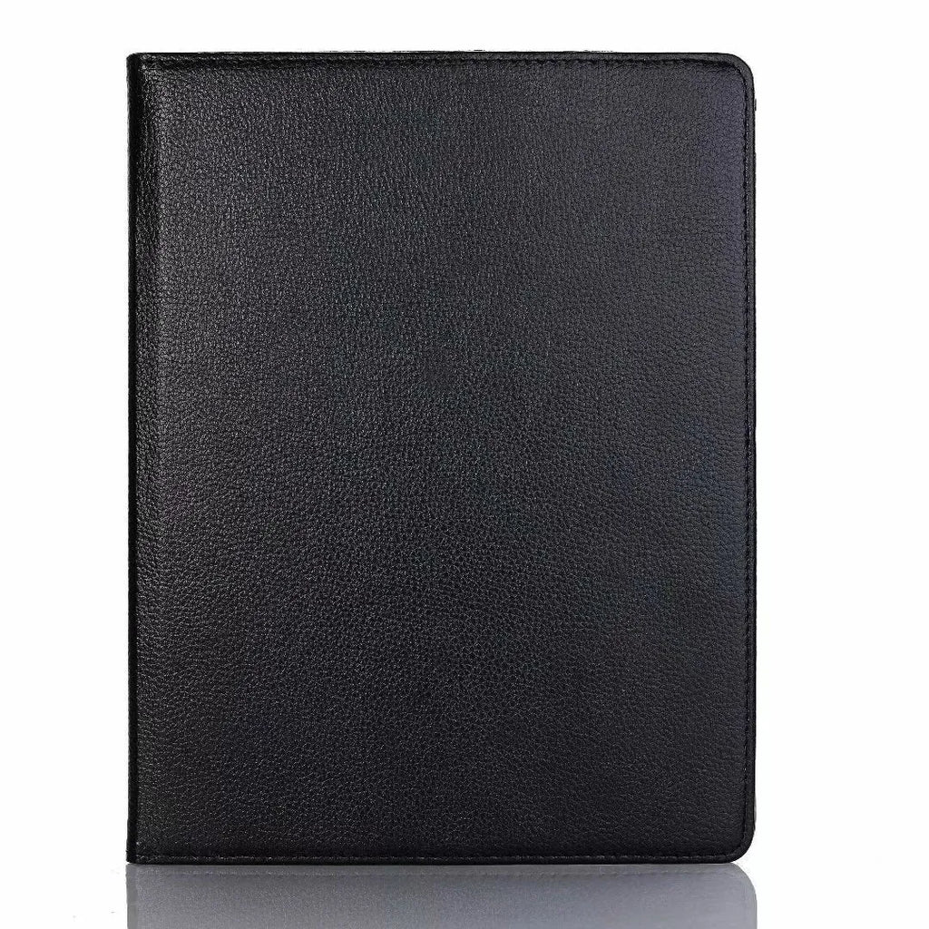 iPad rotating clamshell protective sleeve in imitation leather, shown in multiple colour options.