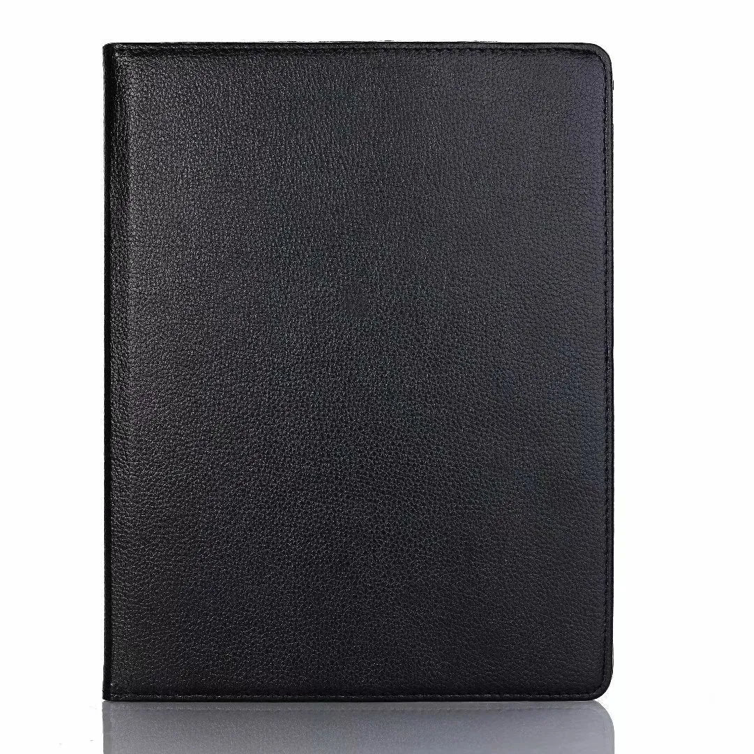 iPad rotating clamshell protective sleeve in imitation leather, shown in multiple colour options.