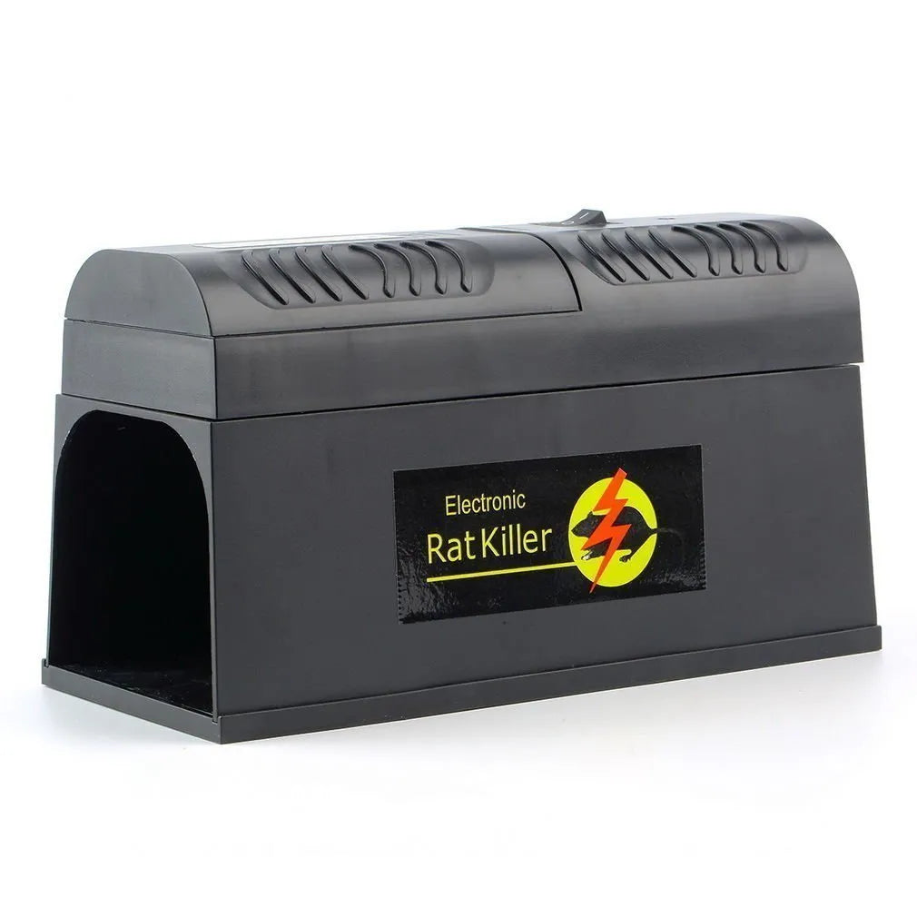 Black high voltage electronic rodent killer unit with plug options for UK, EU, or US/Chinese electrical systems