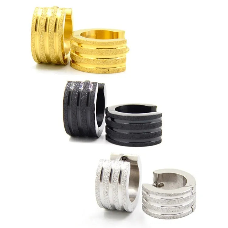 Korean style three-line frosted geometric titanium steel earrings in gold, black, or steel colour.