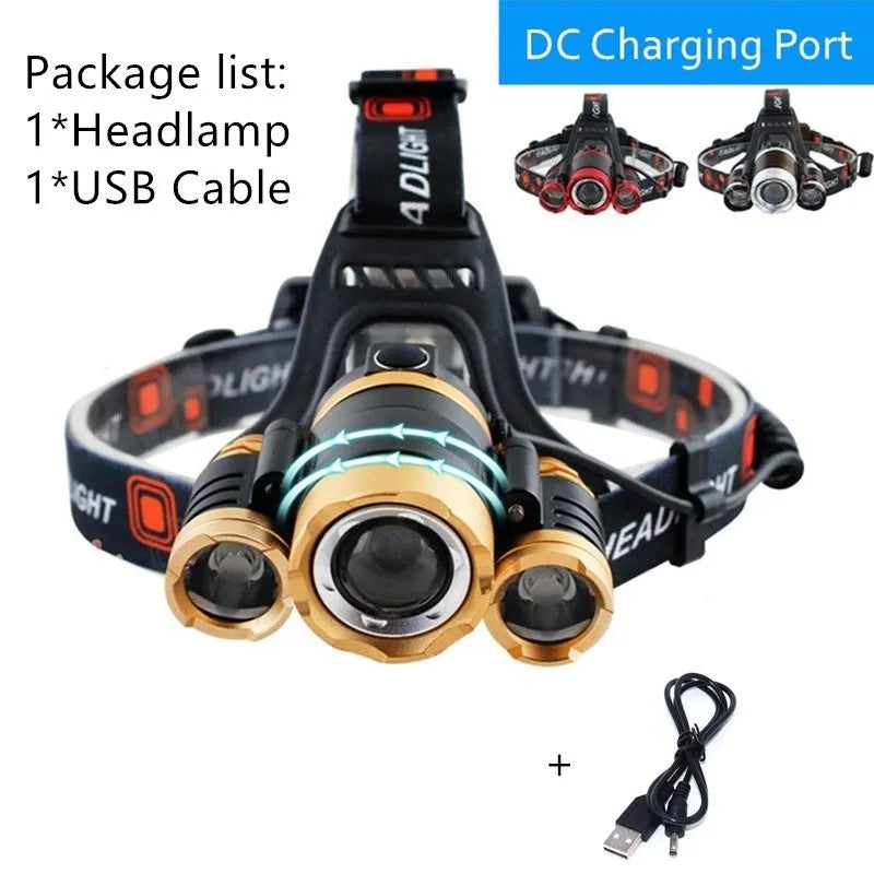Aluminium alloy rechargeable LED headlamp with adjustable headband on black background