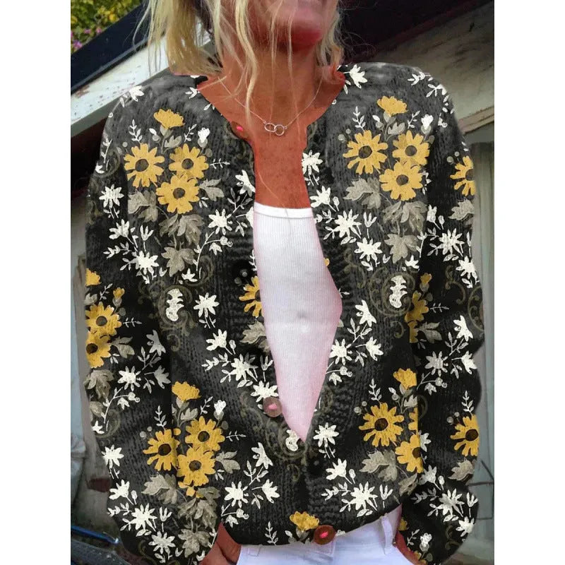 Yellow digital print knitted cardigan coat with a 3D stereo pattern, shown in a gentle cardigan style.
