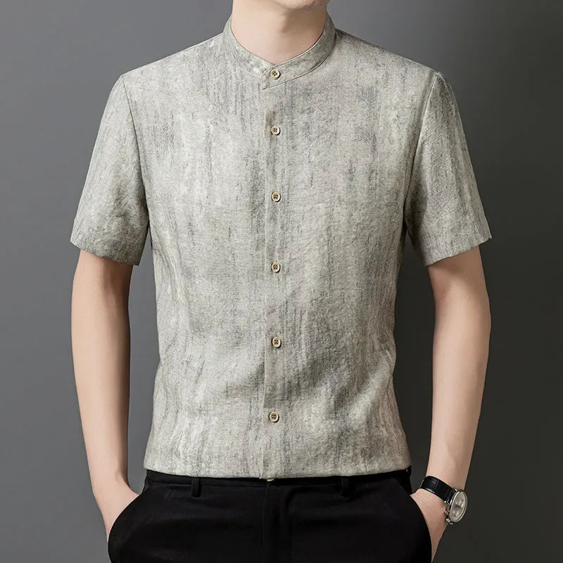 Men's loose fit linen-style shirt with stand collar in grey colour on hanger