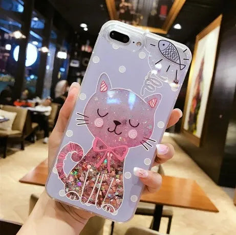 Set of four colourful cat-themed phone cases for iPhone with glitter details