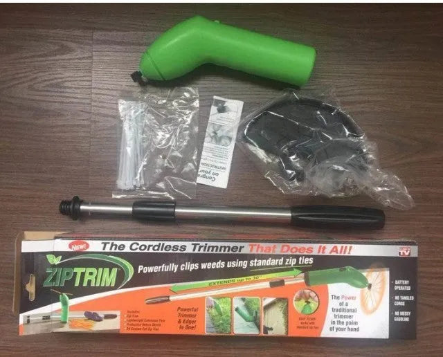 Cordless lawn trimmer with extension pole and protective shield for garden maintenance