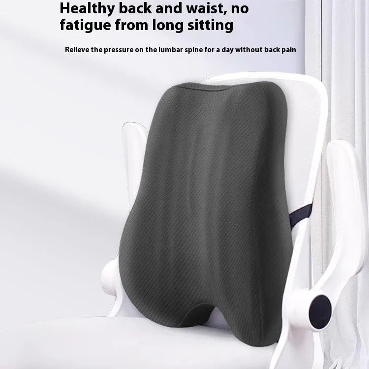 Grey lumbar support cushion for office chairs measuring 40cm wide with ergonomic design