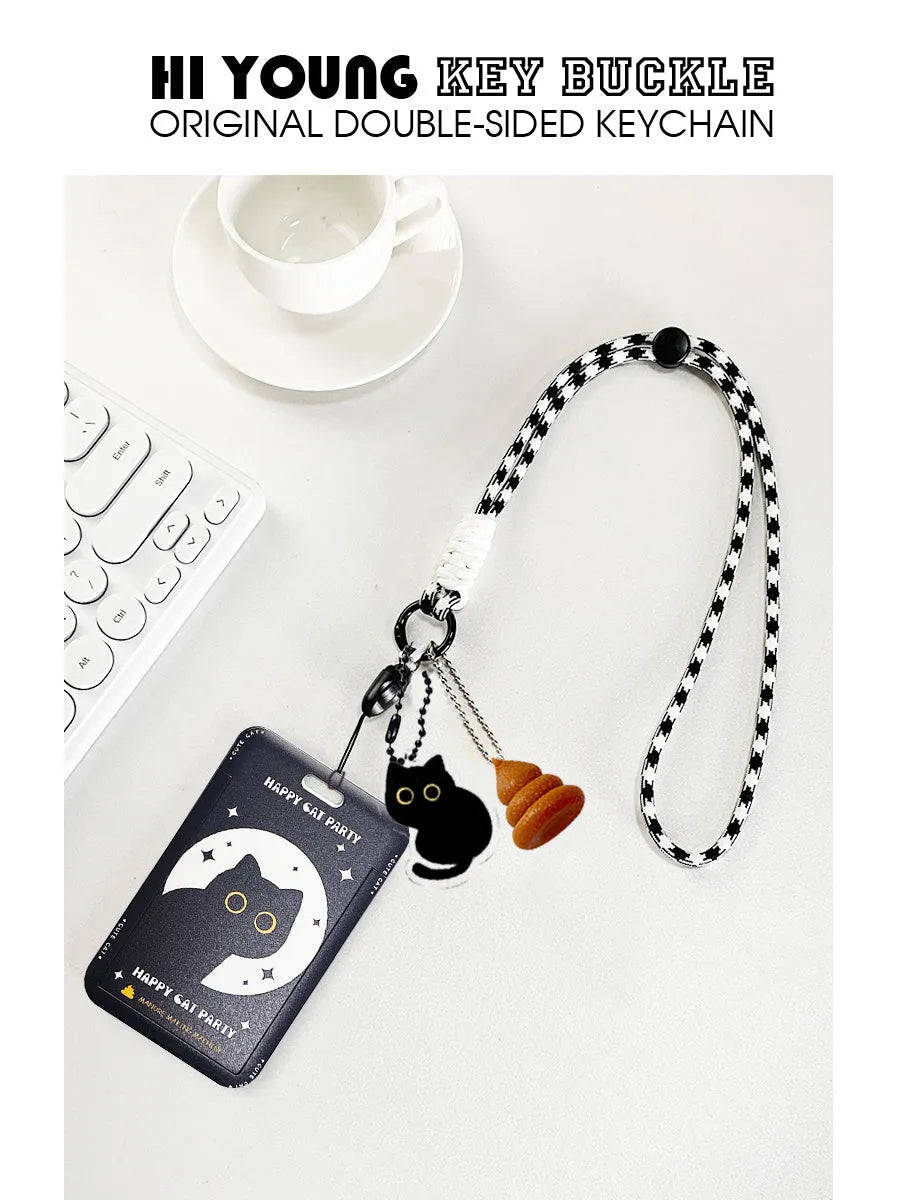 Plastic card sleeve holder with black cat cartoon design and ferrule pendant attachment for student ID and transport cards