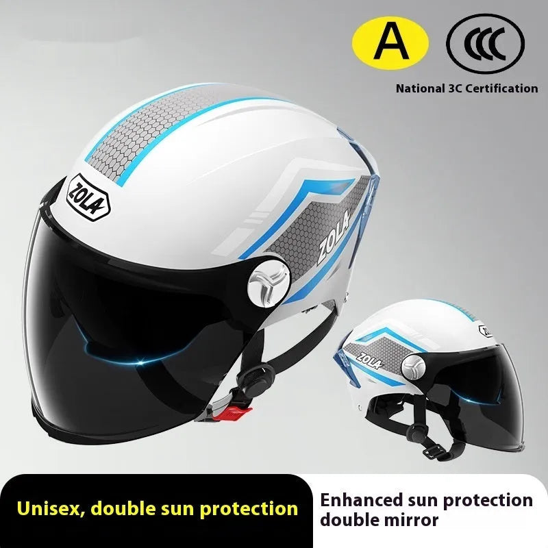 Children's 3C battery motorcycle half helmet with double mirror visor in light brown colour