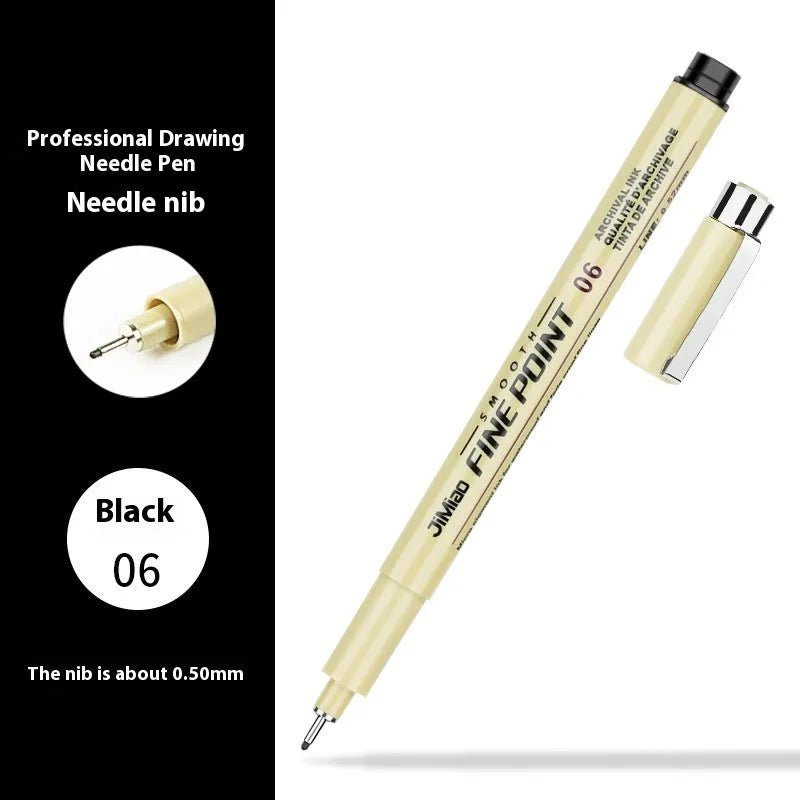Black ink needle drawing pen with hook line art cartoon design on plastic body.