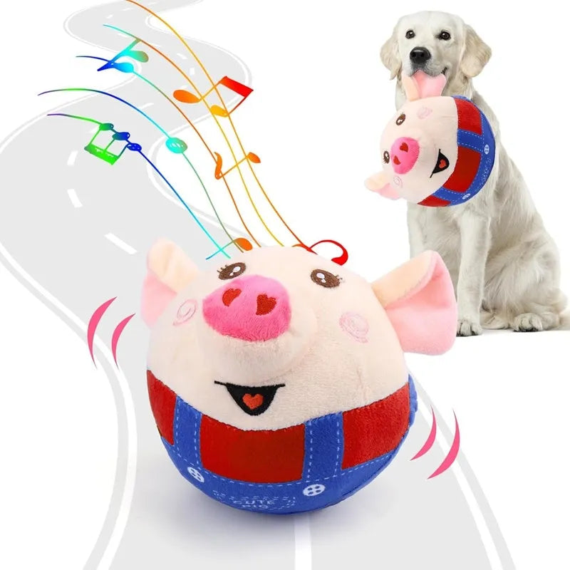 Plush pig dog toy with electric jumping ball, USB rechargeable, Blue and Red options