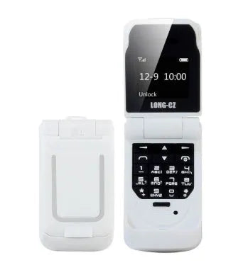 A closed mini flip phone in rose red, showing its compact clamshell design.