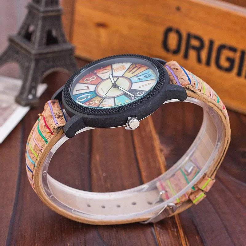 Women's vintage quartz wrist watch with brown leather strap and 37mm round dial