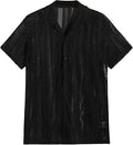 Men's black knitted short-sleeve button shirt with jacquard texture and cardigan style