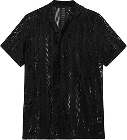 Men's black knitted short-sleeve button shirt with jacquard texture and cardigan style