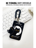 Plastic card sleeve holder with black cat cartoon design and ferrule pendant attachment for student ID and transport cards