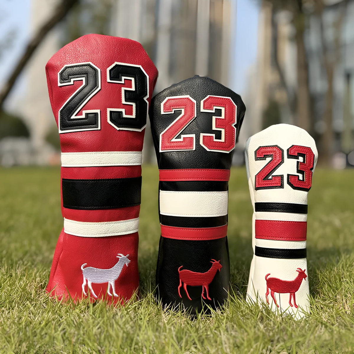 Set of four PU golf club sleeves in matching colour with different shapes for utility clubs, putters, and numbered irons