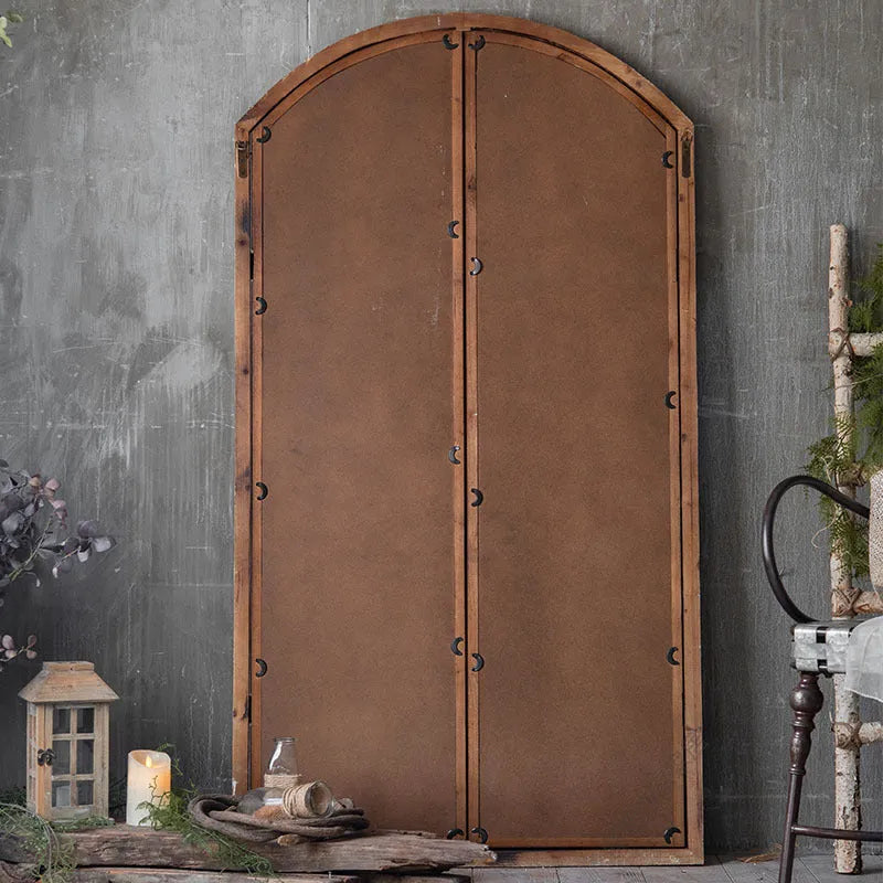 Terrace Distressed Fake Window Wall Mirror in log colour wooden glass