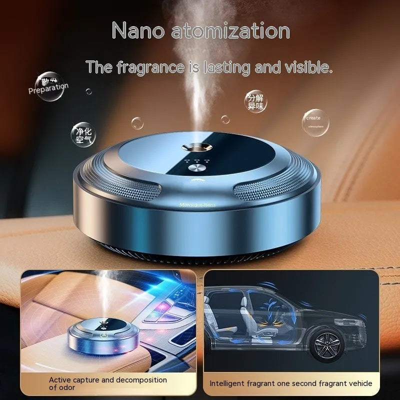 Car air freshener diffuser with automatic spray, zinc alloy shell and vehicle logo colour option