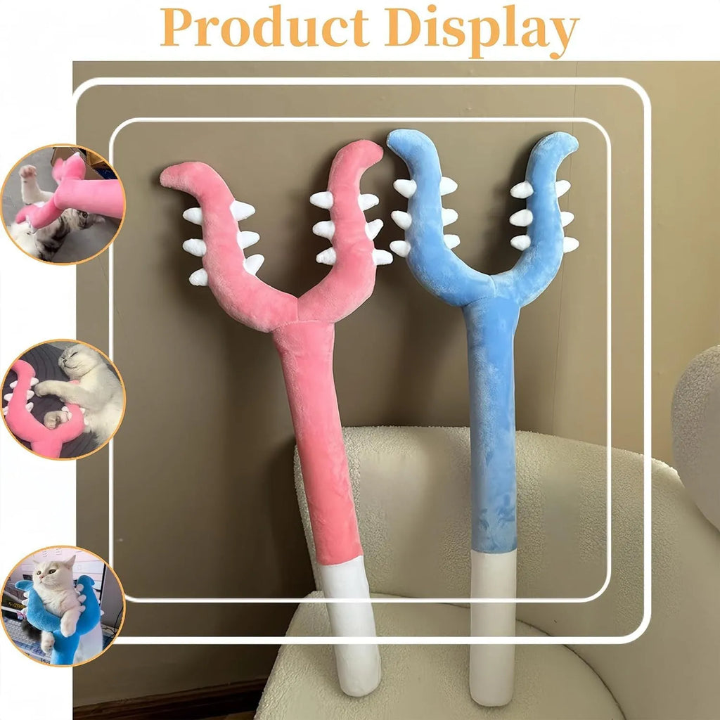 Blue plush cat wand toy with foam-filled tip on a 70cm handle