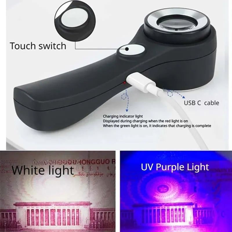 Black and silver magnifying glasses with optical glass lenses and LED illumination